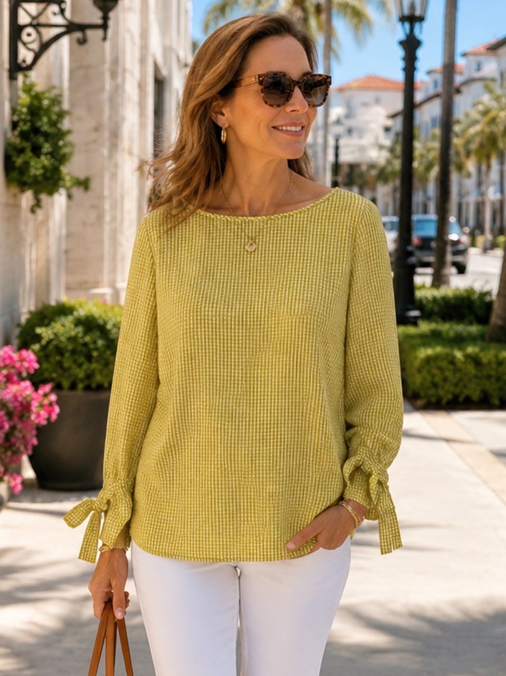 LaFayette 148 New York Paige Ithaca Gingham Tie Sleeve Blouse Mustard White S